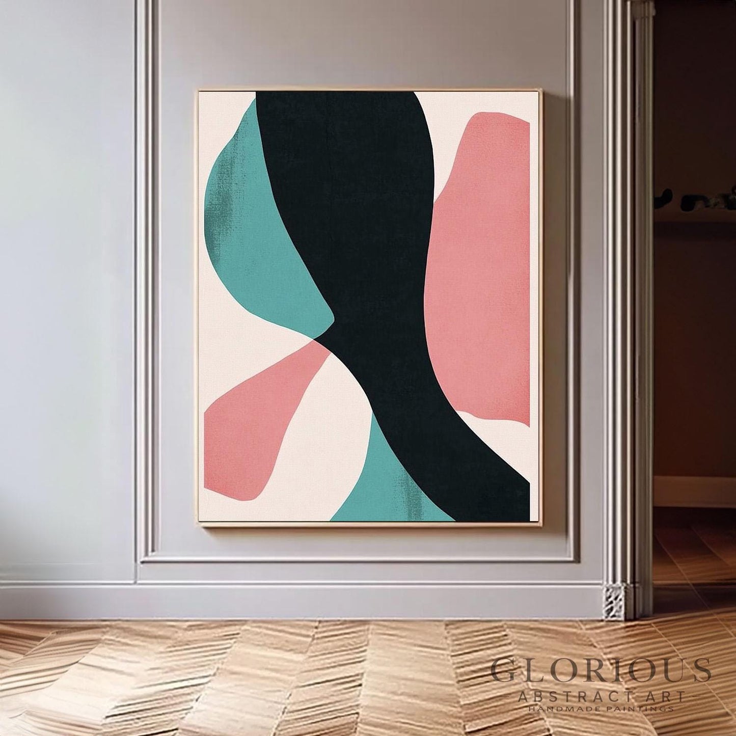 Pink and Teal Abstract Wall Art, Minimalist Painting, Black Geometric Art, Modern Canvas Decor, Contemporary Home Art, Living Room Decor Art