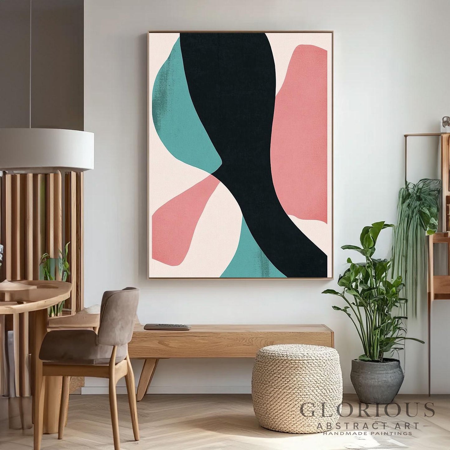 Pink and Teal Abstract Wall Art, Minimalist Painting, Black Geometric Art, Modern Canvas Decor, Contemporary Home Art, Living Room Decor Art