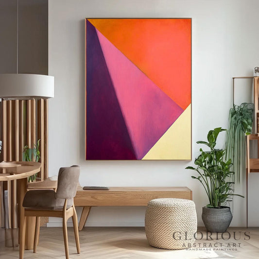 Orange Pink Abstract Wall Art, Purple Geometric Painting, Modern Triangle Canvas, Color Block Art, Vibrant Home Decor, Original Acrylic