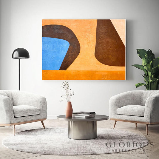 Orange and Blue Abstract Wall Art, Minimalist Painting, Large Geometric Canvas Art, Earth Tone Color Decor for Living Room Modern Home Decor