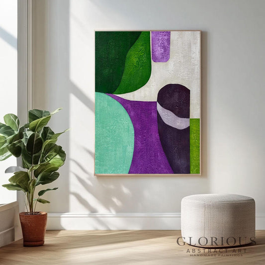 Green Purple Geometric Abstract Wall Art, Modern Minimalist Canvas Painting, Living Room Office Decor, Mid Century Style minimalist painting