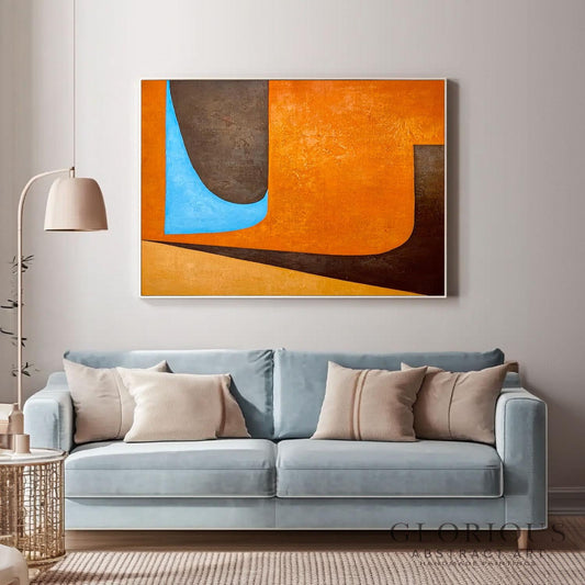 Orange Blue Brown Abstract Wall Art, Geometric Modern Canvas Painting, Minimalist Home Decor, Living Room Artwork, Handmade Contemporary Art