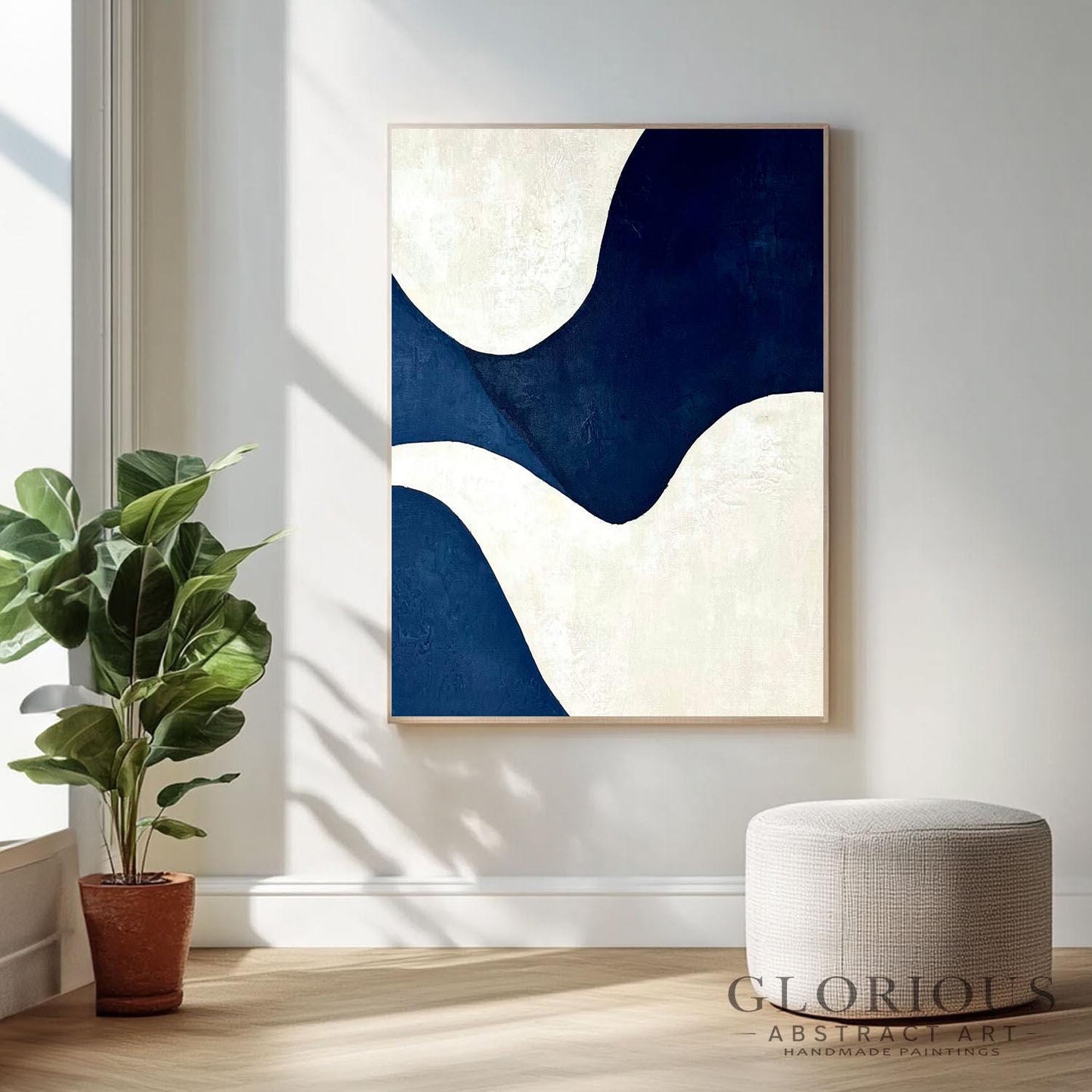 Navy Blue and Cream Abstract Wall Art, Minimalist Geometric Canvas Painting, Modern Home Decor, Living Room Office Wall Decor, Neutral  Art
