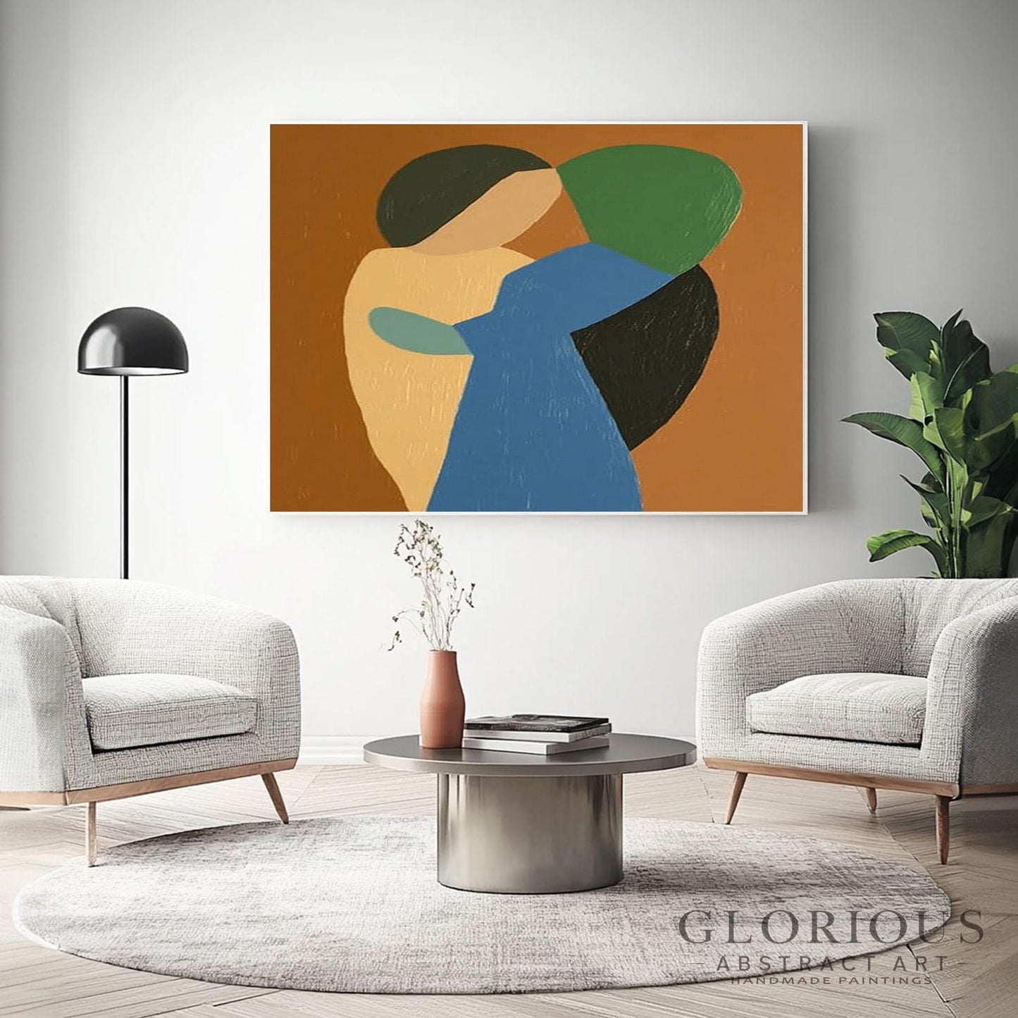 Blue Green Abstract Wall Art, Modern Geometric Painting, Minimalist Shapes Canvas Art, Earth Tone Decor, Original Acrylic Painting, Room Art