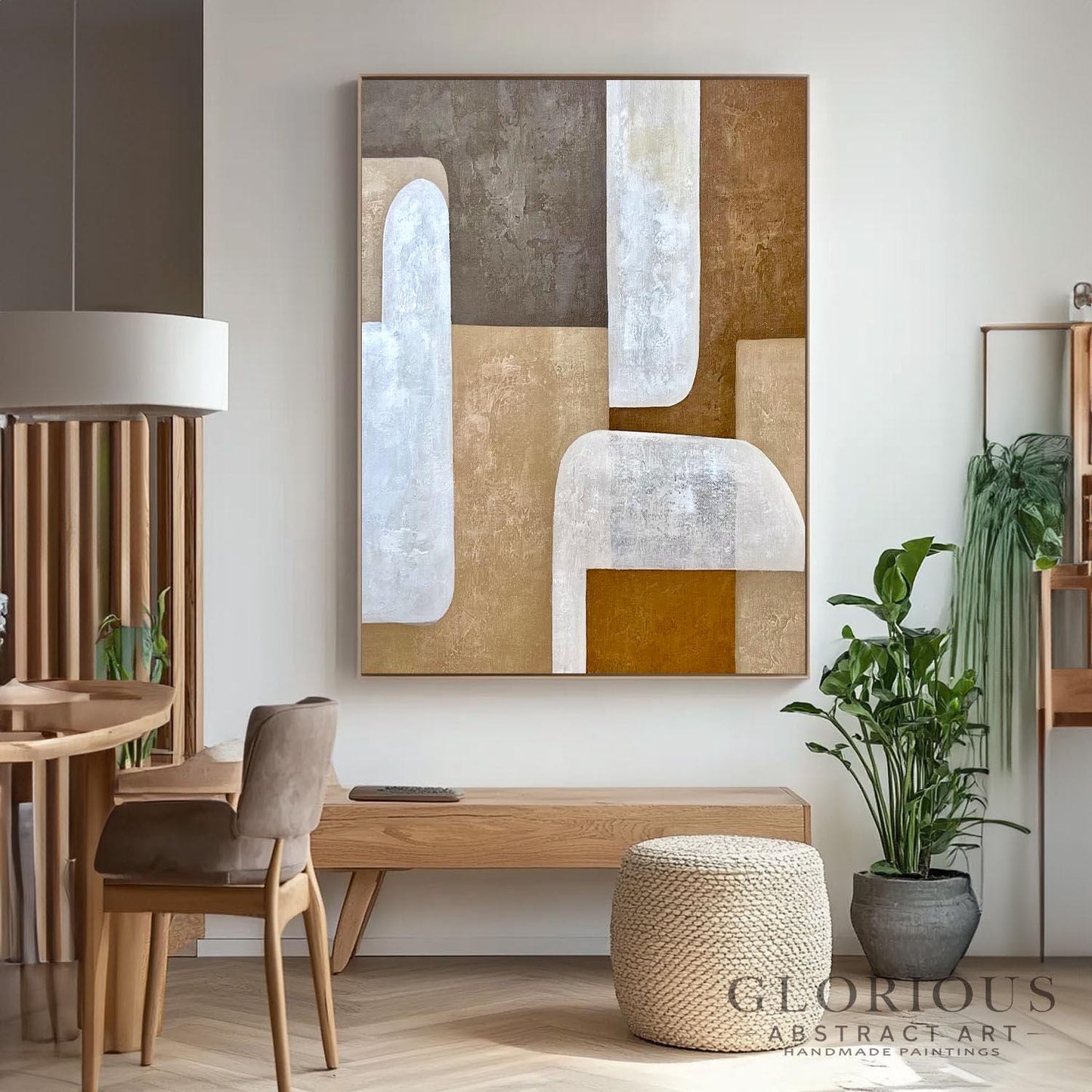 Brown Beige Abstract Wall Art, Minimalist Geometric Painting, Modern Neutral Canvas Art, Large Earth Tone Decor for Living Room Original Art