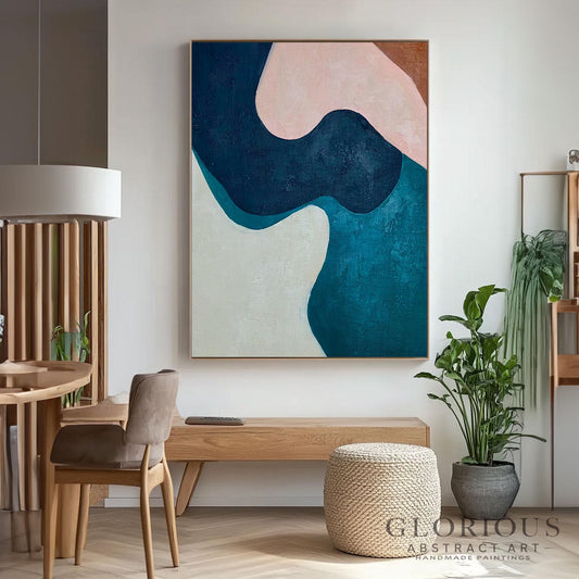 Pink Teal Abstract Wall Art, Modern Geometric Painting, Black and Cream Minimalist Canvas Art, Original Acrylic Painting, Living Room Decor