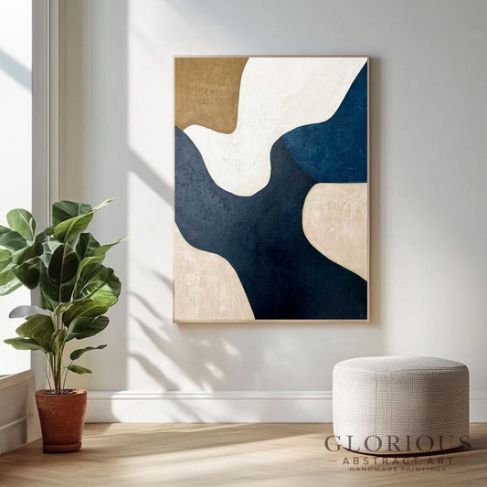 Navy Blue and Beige Abstract Wall Art, Minimalist Geometric Canvas Painting, Modern Home Decor, Large Living Room Art, Neutral Tone Artwork