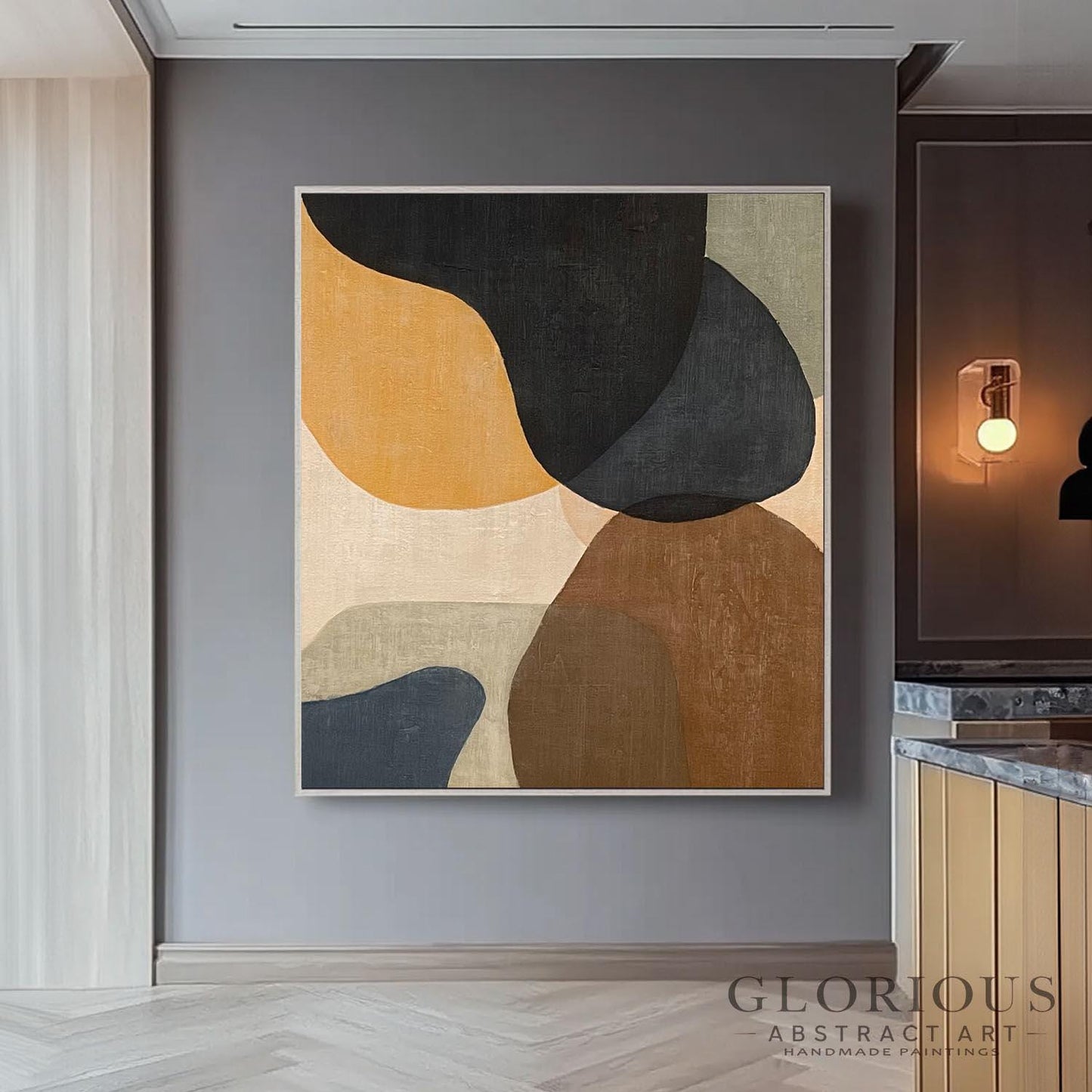 Navy Blue Abstract Wall Art, Minimalist Organic Shapes Painting, Neutral Tones Canvas Art, Modern Geometric Office Wall Decor, Living Room