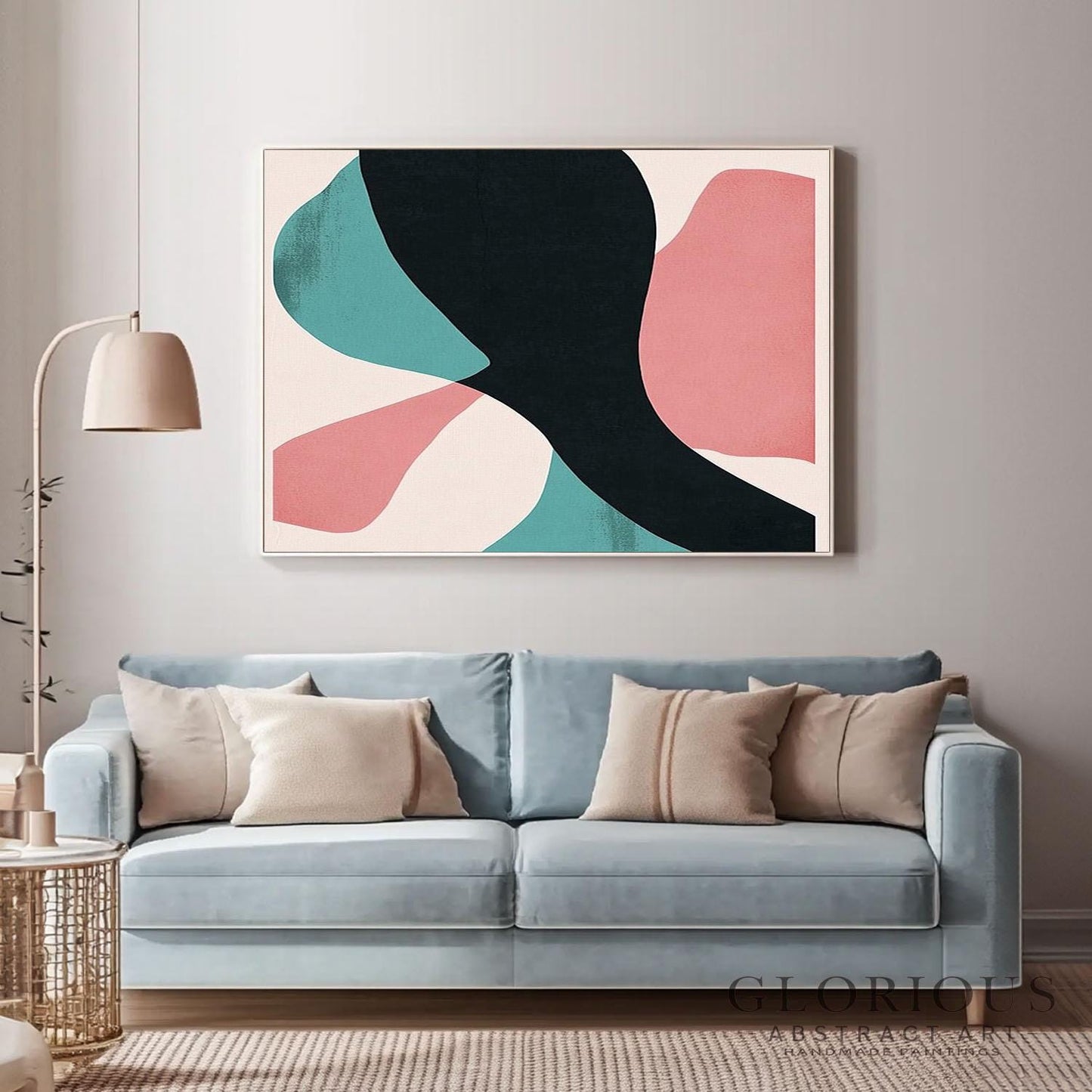 Pink and Teal Abstract Wall Art, Minimalist Painting, Black Geometric Art, Modern Canvas Decor, Contemporary Home Art, Living Room Decor Art