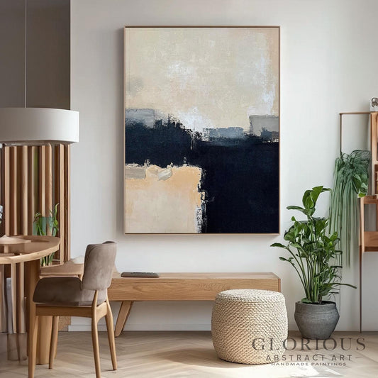 Black Beige Abstract Wall Art, Neutral Minimalist Painting, Modern Geometric Canvas, Horizon Artwork, Gray Cream Home Decor, Original Art