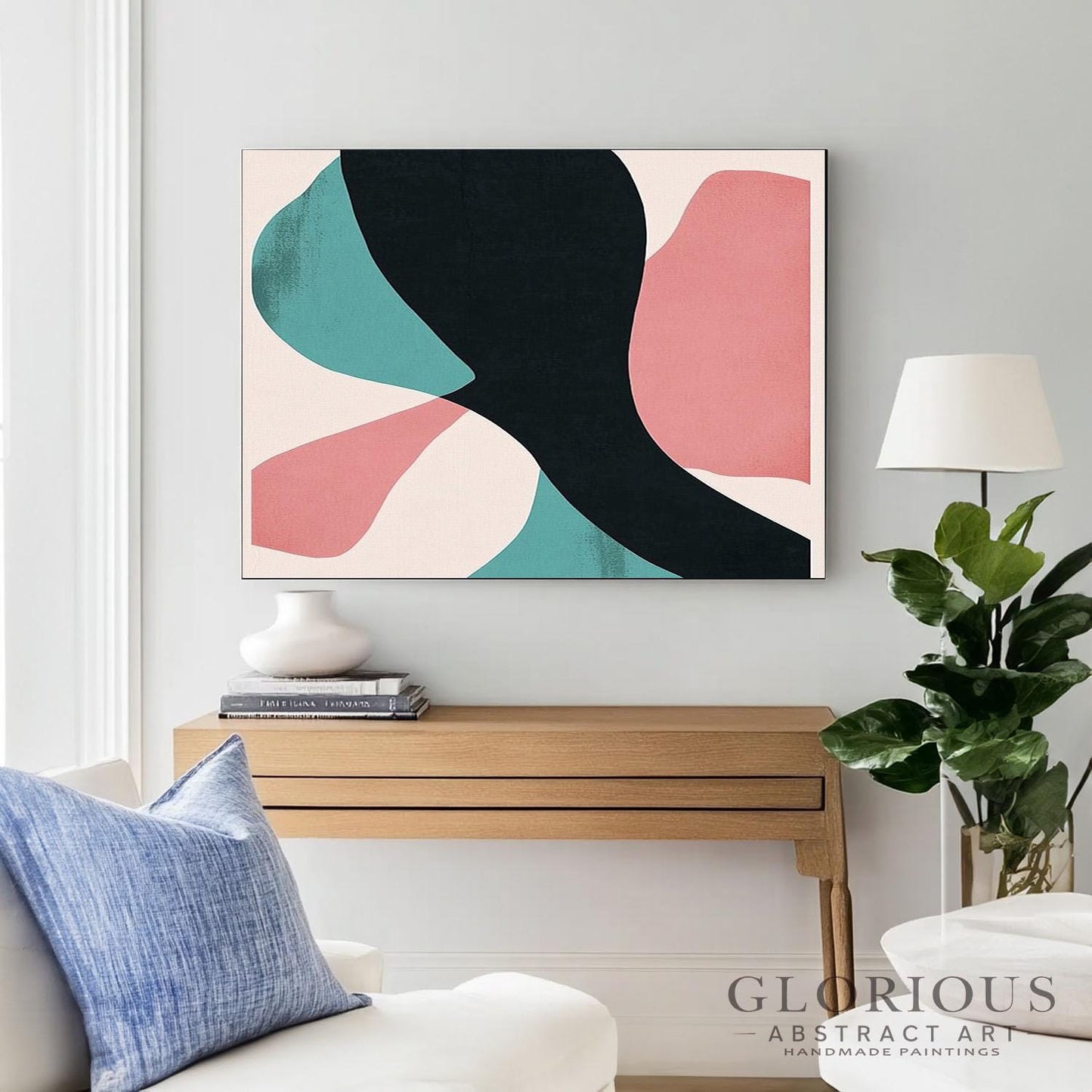 Pink and Teal Abstract Wall Art, Minimalist Painting, Black Geometric Art, Modern Canvas Decor, Contemporary Home Art, Living Room Decor Art