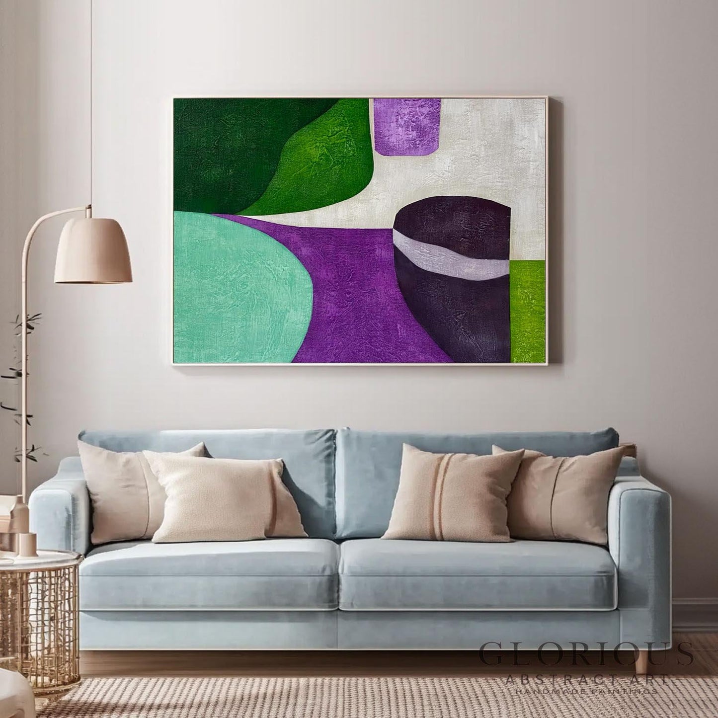 Green Purple Geometric Abstract Wall Art, Modern Minimalist Canvas Painting, Living Room Office Decor, Mid Century Style minimalist painting