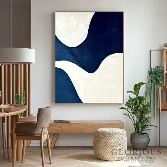 Navy Blue and Cream Abstract Wall Art, Minimalist Geometric Canvas Painting, Modern Home Decor, Living Room Office Wall Decor, Neutral  Art