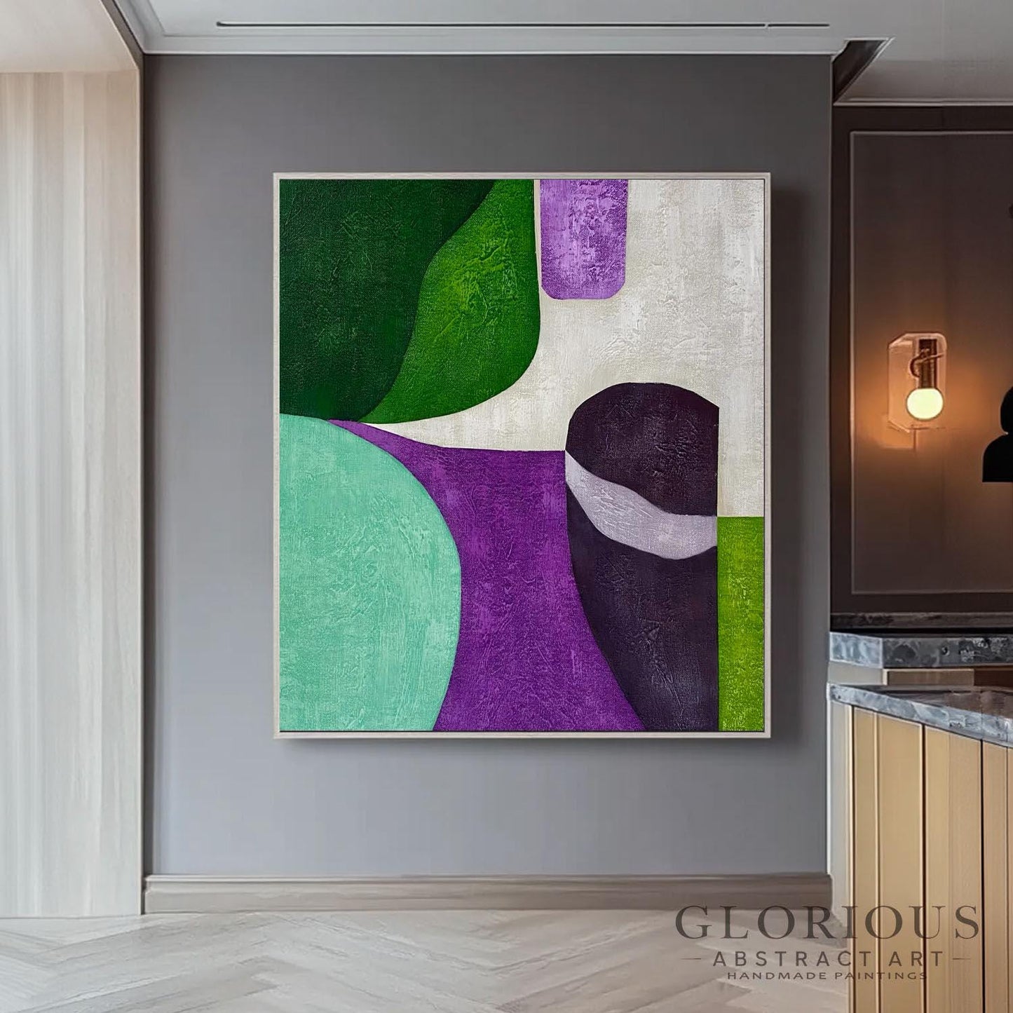 Green Purple Geometric Abstract Wall Art, Modern Minimalist Canvas Painting, Living Room Office Decor, Mid Century Style minimalist painting