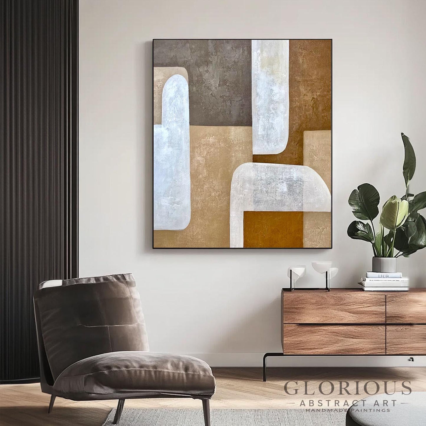 Brown Beige Abstract Wall Art, Minimalist Geometric Painting, Modern Neutral Canvas Art, Large Earth Tone Decor for Living Room Original Art