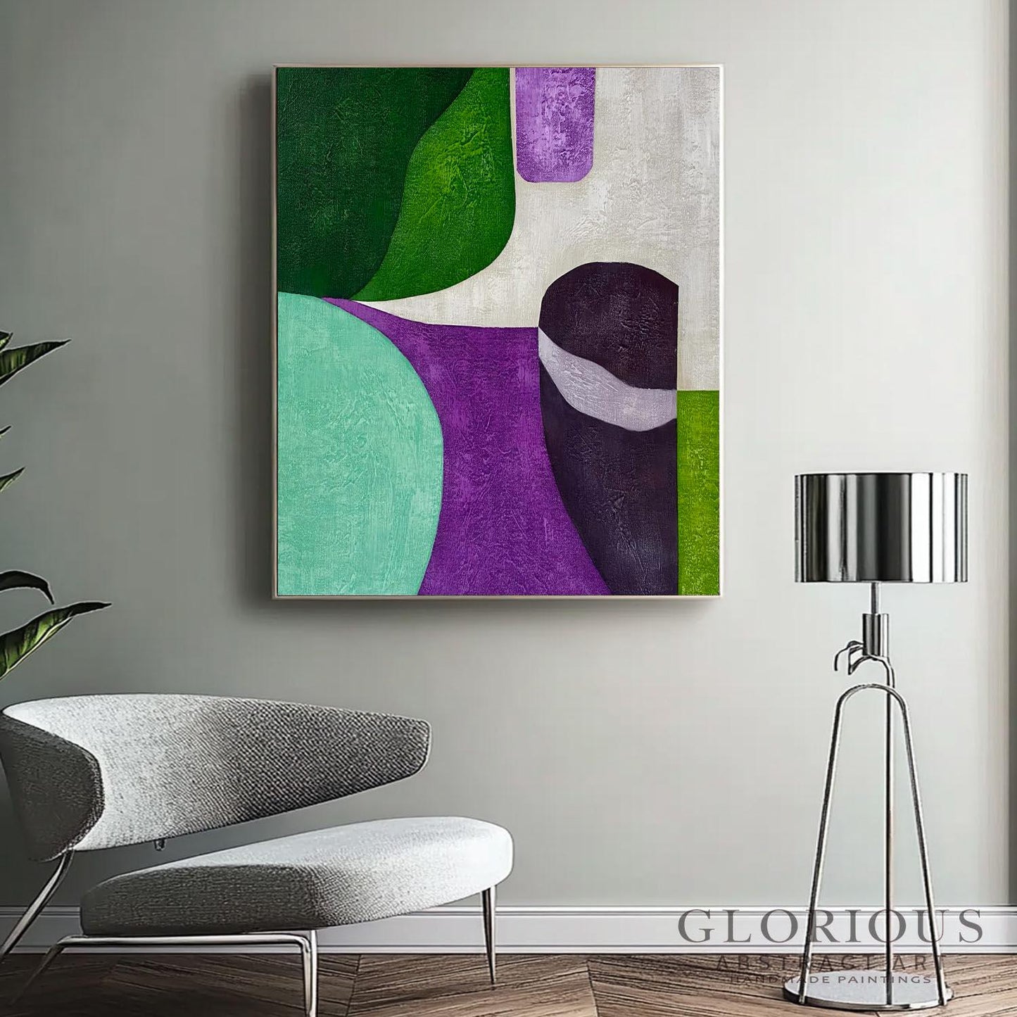 Green Purple Geometric Abstract Wall Art, Modern Minimalist Canvas Painting, Living Room Office Decor, Mid Century Style minimalist painting
