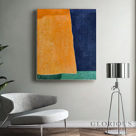 Orange Navy Blue Green Abstract Wall Art, Modern Color Block Canvas Painting, Minimalist Acrylic Art, Handmade Living Room Home Office Decor