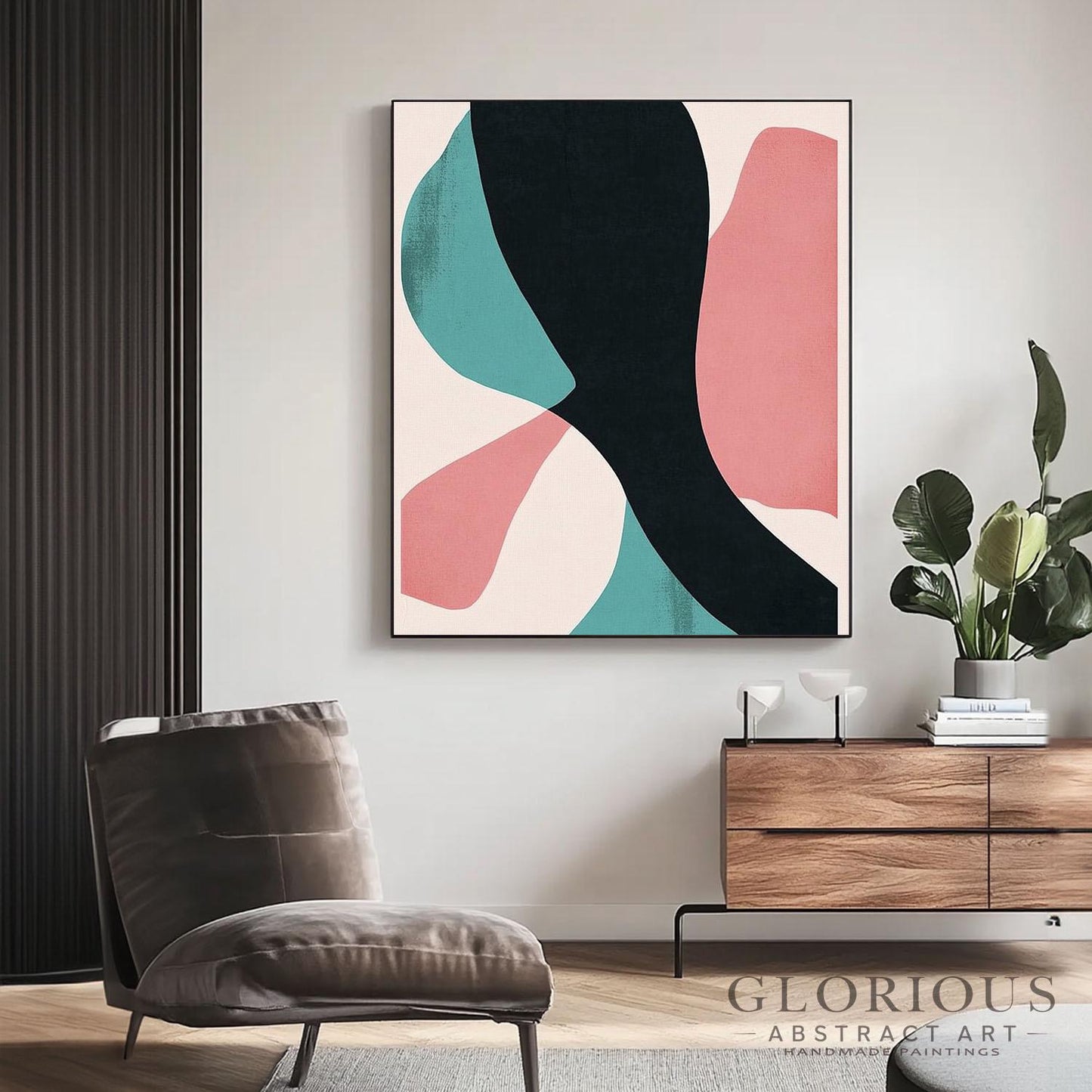 Pink and Teal Abstract Wall Art, Minimalist Painting, Black Geometric Art, Modern Canvas Decor, Contemporary Home Art, Living Room Decor Art