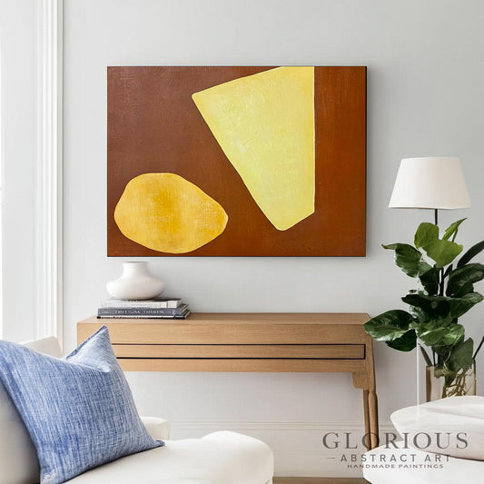 Yellow Gold Abstract Wall Art | Brown Minimalist Geometric Canvas Painting | Modern Wall Decor | Large Art for Living Room, Beige brown art