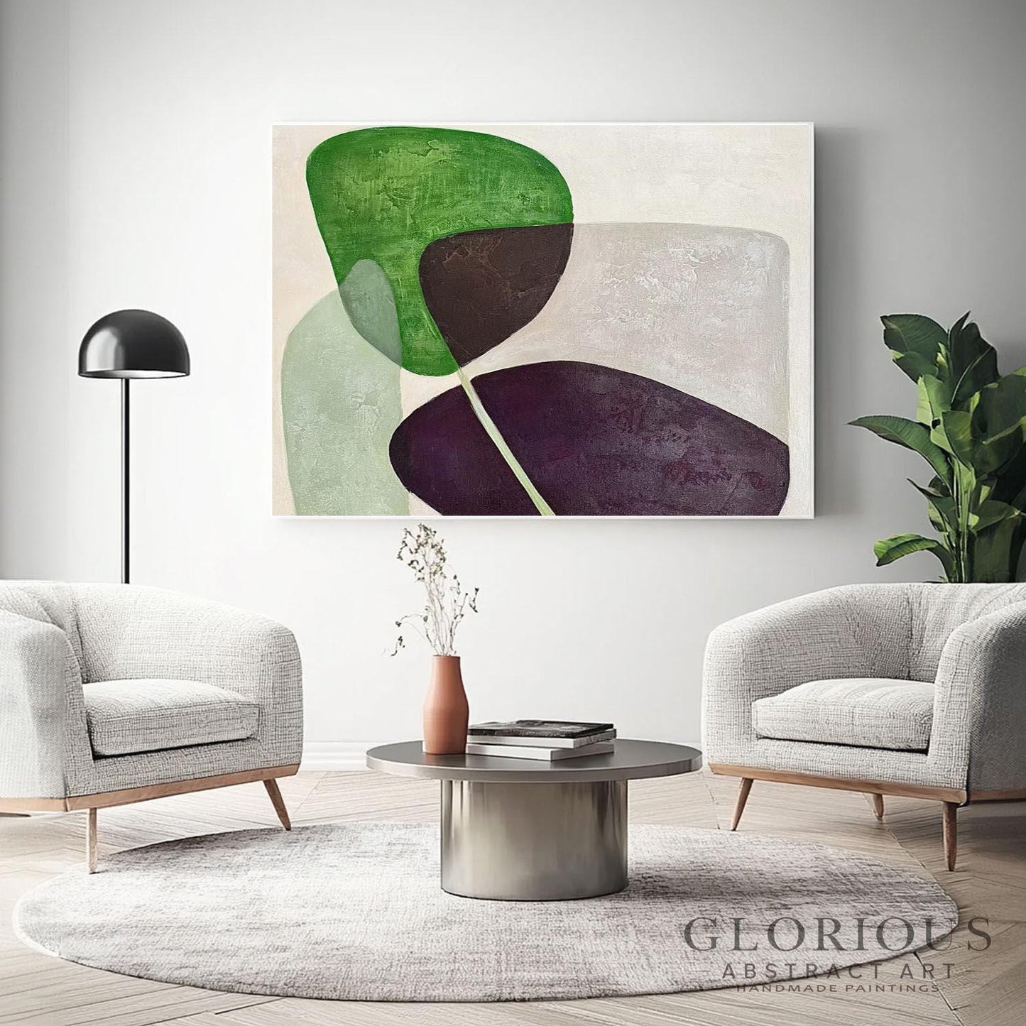 Green Purple Abstract Wall Art, Minimalist Geometric Canvas Painting, Modern Earth Tone Art, Brown Burgundy Decor, Contemporary Home  Decor