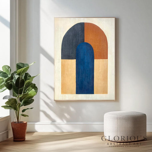 Navy Blue and Gold Geometric Wall Art, Geometric Abstract Painting, Minimalist Canvas Art for Living Room, Office Home Decor, large wall art