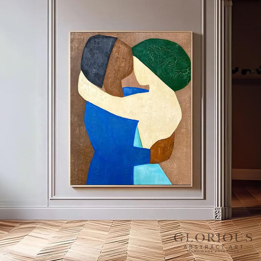 Blue Green Abstract Wall Art, Geometric Embrace Painting, Modern Minimalist Earth Tone Canvas, Original Acrylic Art, Living Room Home Decor