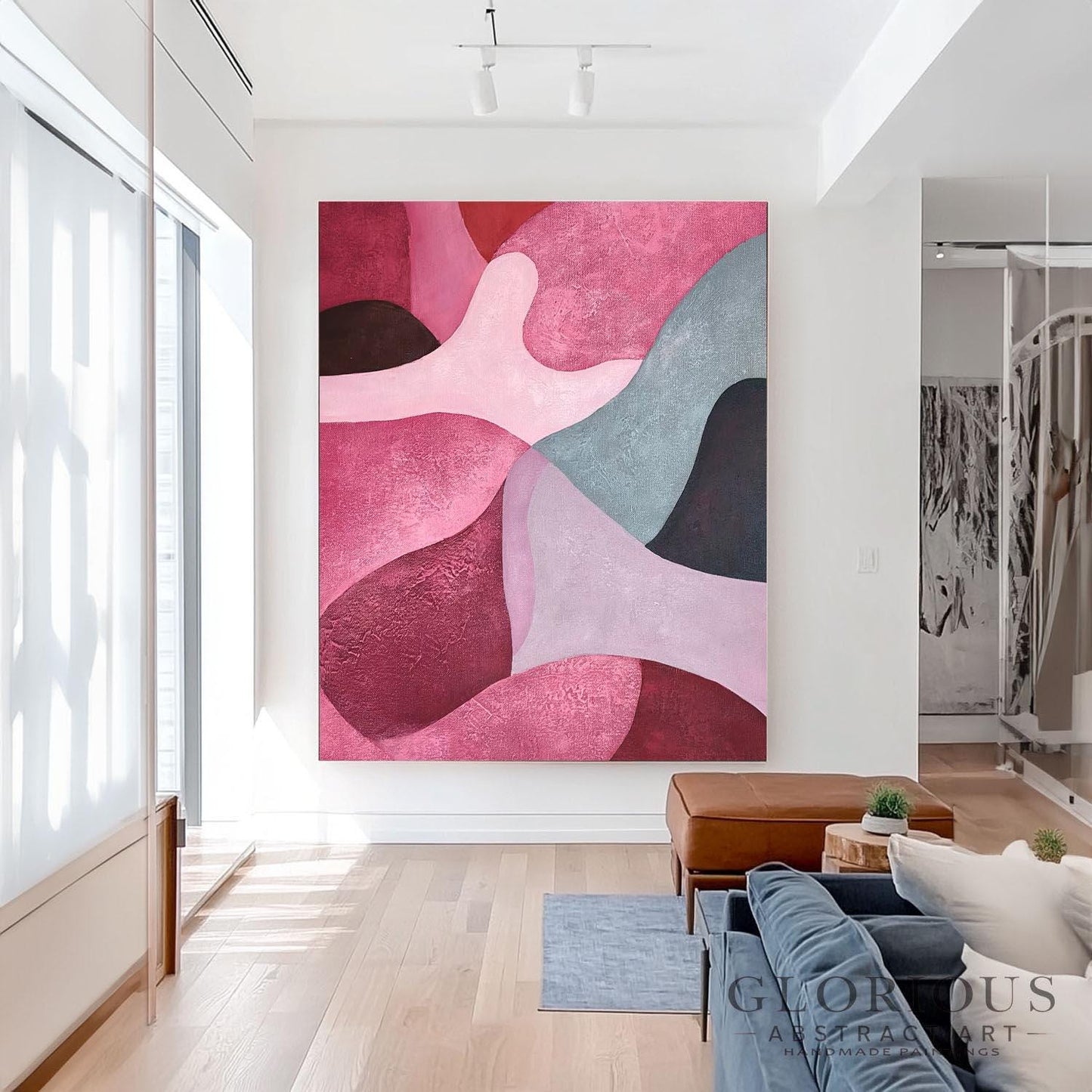 Pink and Gray Abstract Wall Art, Modern Minimalist Painting, Large Canvas Art, Contemporary Home Decor, Living Room Bedroom Art, Pink art