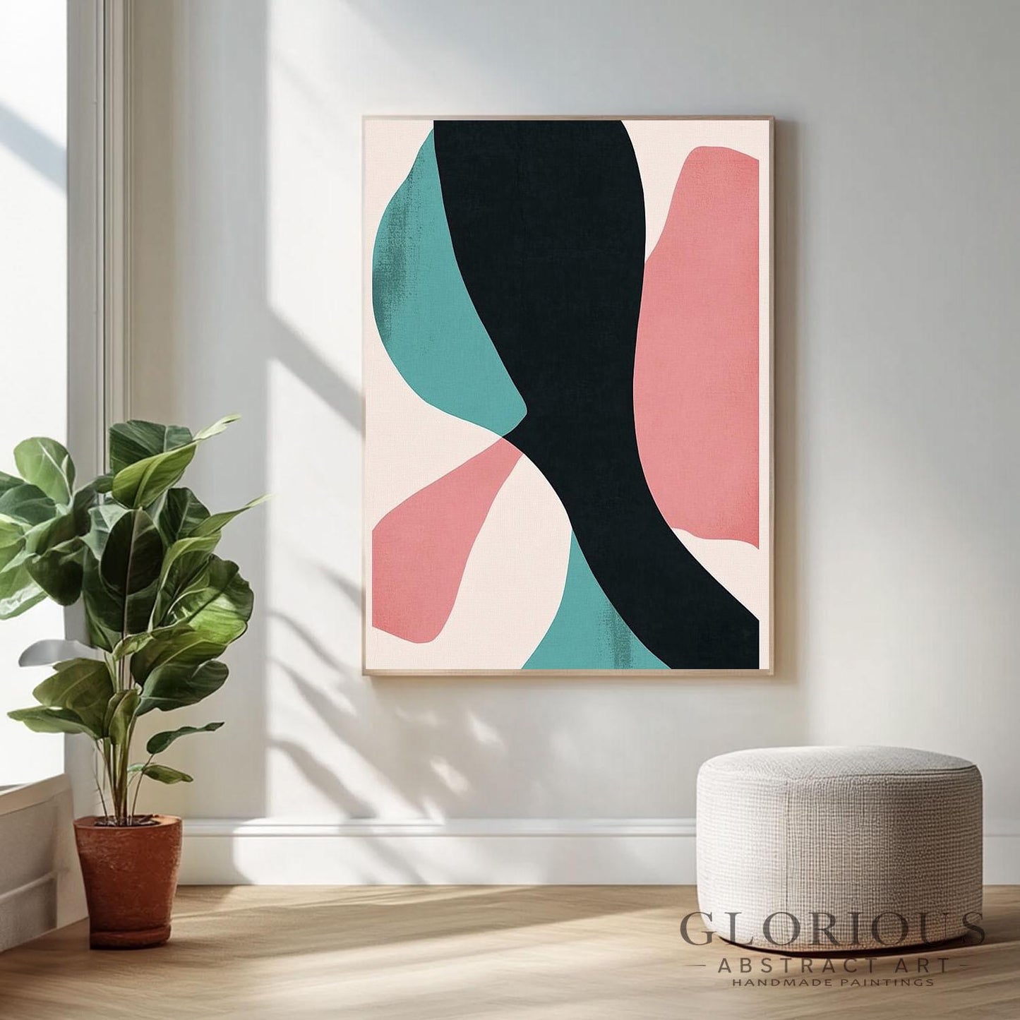 Pink and Teal Abstract Wall Art, Minimalist Painting, Black Geometric Art, Modern Canvas Decor, Contemporary Home Art, Living Room Decor Art