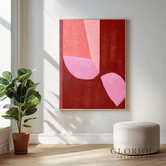 Pink and Burgundy Abstract Wall Art, Minimalist Geometric Canvas Painting, Modern Home Decor, Large Abstract Art for Bedroom Living Room