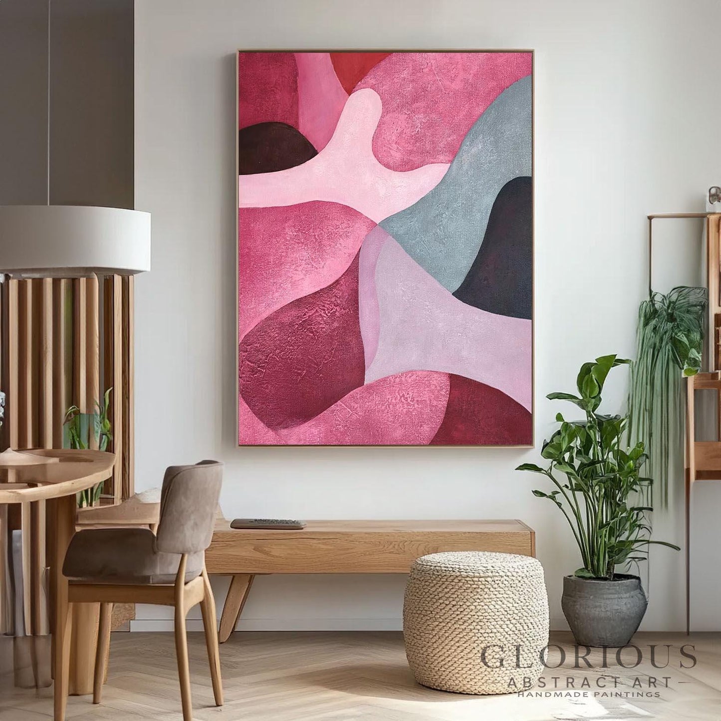 Pink and Gray Abstract Wall Art, Modern Minimalist Painting, Large Canvas Art, Contemporary Home Decor, Living Room Bedroom Art, Pink art