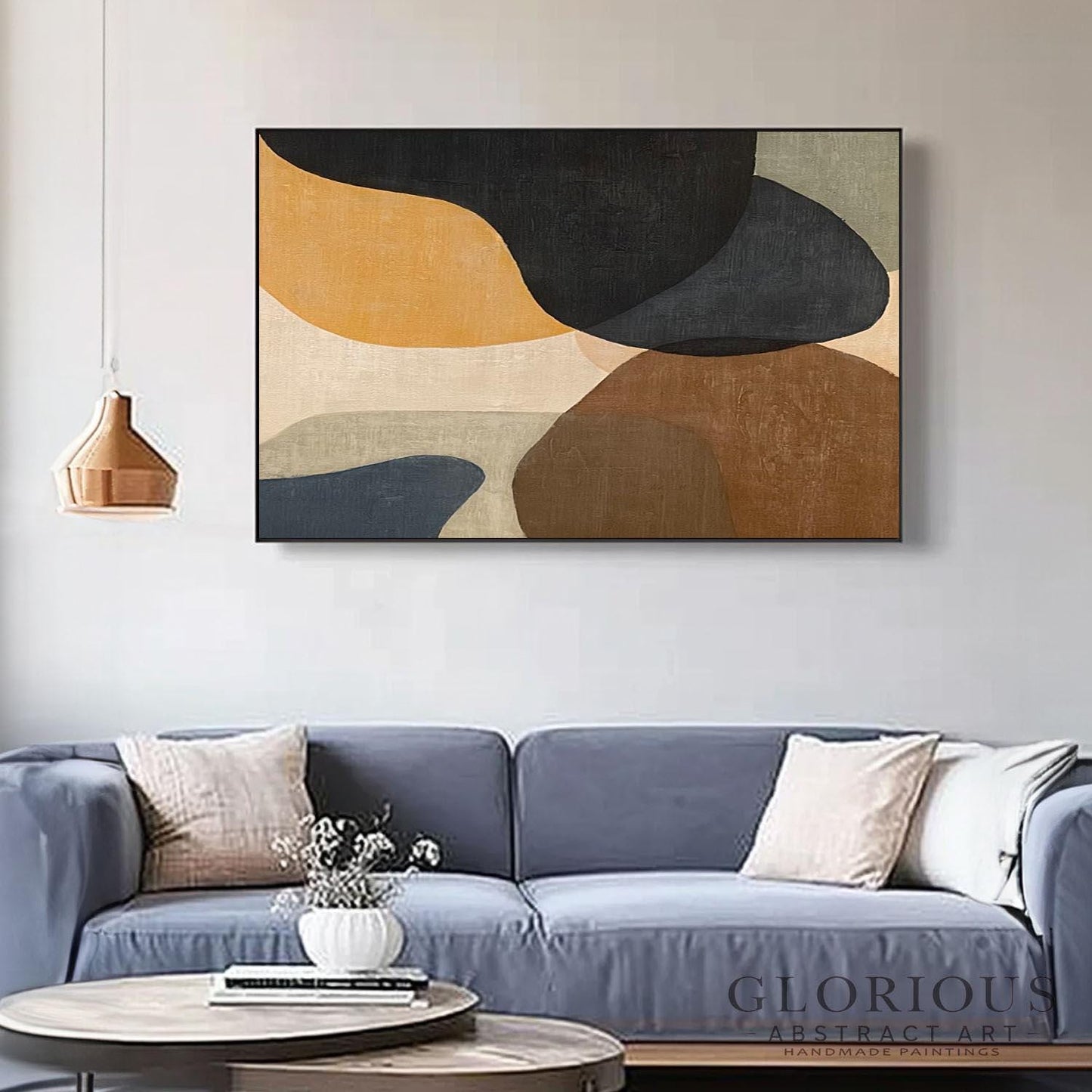 Navy Blue Abstract Wall Art, Minimalist Organic Shapes Painting, Neutral Tones Canvas Art, Modern Geometric Office Wall Decor, Living Room