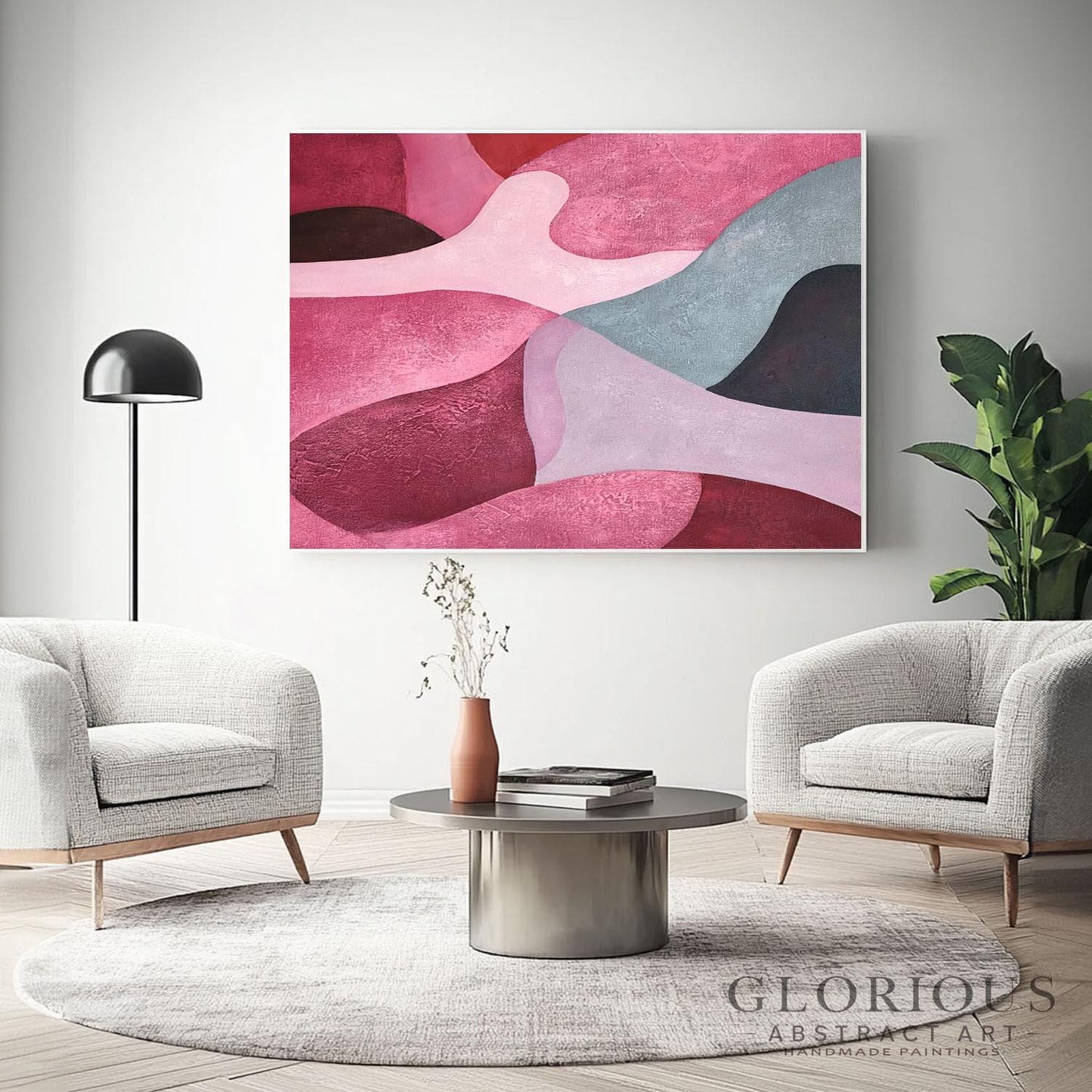 Pink and Gray Abstract Wall Art, Modern Minimalist Painting, Large Canvas Art, Contemporary Home Decor, Living Room Bedroom Art, Pink art