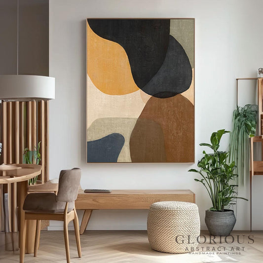 Navy Blue Abstract Wall Art, Minimalist Organic Shapes Painting, Neutral Tones Canvas Art, Modern Geometric Office Wall Decor, Living Room