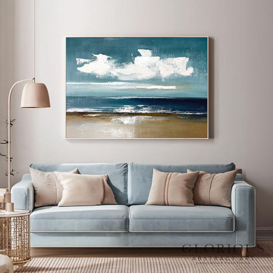 Teal Blue Abstract Ocean Painting, Coastal Wall Art, Beach Landscape Canvas, Seascape Artwork, Large Wall Decor Living Room, Beach House Art