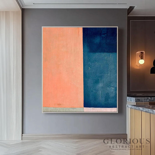 Coral Pink Navy Blue Abstract Wall Art | Minimalist Color Block Painting | Modern Acrylic Canvas | Geometric Wall Decor | Living Room Art