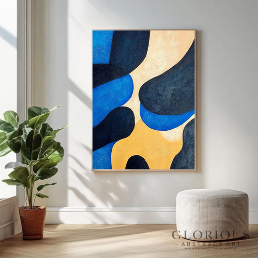 Blue and Beige Abstract Wall Art, Navy Minimalist Painting, Modern Geometric Canvas Large Fluid Art for Living Room, Contemporary Home Decor
